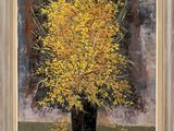 tableau représentant un vase contenant des fleurs jaunes, posé sur une table