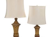 a pair of table lamps with a white shade on each of them
