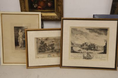 three framed prints of a landscape and a picture of a castle