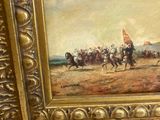 a painting of a group of men riding horses in a field