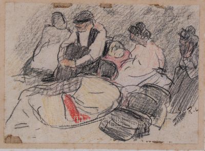 dessin d'un groupe de personnes assises autour d'une table dans une pièce