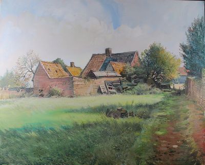 un tableau représentant une scène de vie à la ferme avec un cheval au premier plan