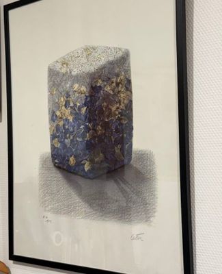 une photo encadrée représentant un rocher, accrochée au mur à côté d'un vase de fleurs