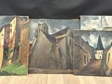 trois peintures représentant des bâtiments, réalisées sur un support en bois avec un fond noir