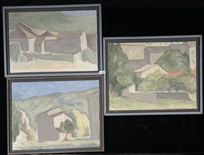 three paintings of houses and trees are hanging on a black wall