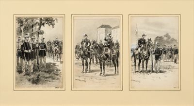 three framed pictures of men on horses with a flag in the background