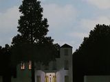 painting of a white house with a tree in front of it at night