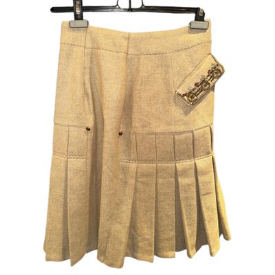 LA PERLA Jupe midi en laine beige à plis, fermeture à bouton…