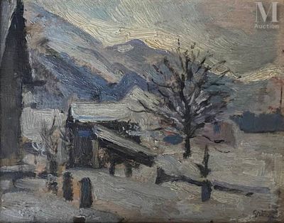 une peinture à l'huile représentant un paysage enneigé avec une église en arrière-plan