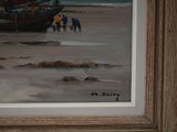 a painting of people walking on the beach near a boat