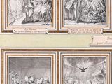 four pictures of a group of people in a room, one of which is holding a bird and the other