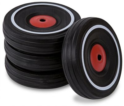 three black and red wheels with white rims on a white background