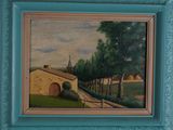 an oil painting of a house in a field with trees and a fence