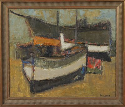an oil painting of two boats on a beach with a brown frame