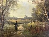 a painting of a woman walking down a dirt road
