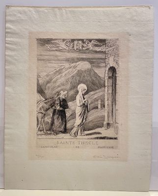 an old picture of a man and a woman standing in front of a mountain