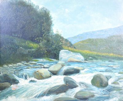 un tableau représentant une rivière parsemée de rochers