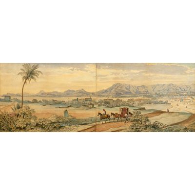 une image représentant un tableau représentant une scène de désert avec une calèche tirée par un cheval