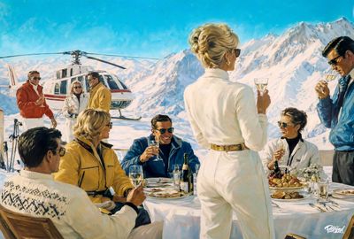 un tableau représentant un groupe de personnes assises à une table, avec un hélicoptère en arrière-plan