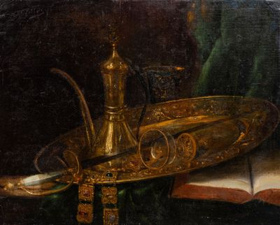 tableau représentant une nature morte avec une théière, un livre et un livre ouvert