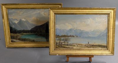 deux tableaux représentant des montagnes et un lac, dans un cadre doré