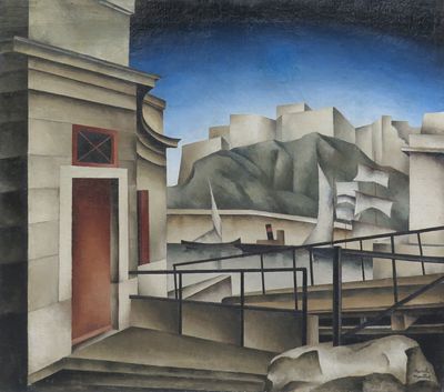 a painting of a dog standing in front of a building
