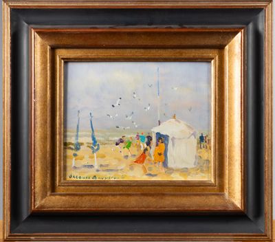 an oil painting of a beach scene with people and sailboats