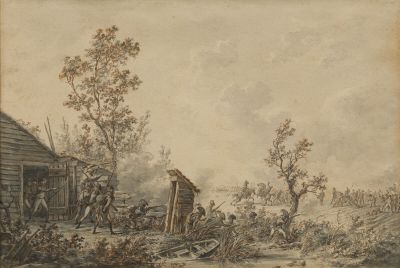 painting of a group of men standing in front of a building
