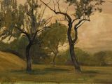 tableau représentant deux arbres dans un champ herbeux, avec des collines en arrière-plan