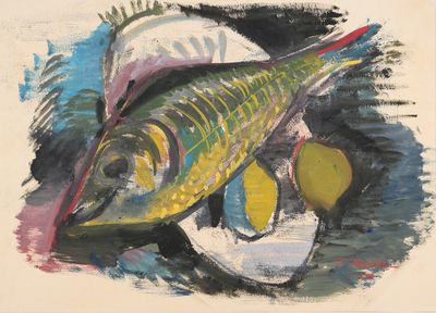une peinture représentant un poisson et des citrons dans une assiette