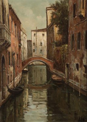tableau représentant un canal avec un pont et des bâtiments en arrière-plan