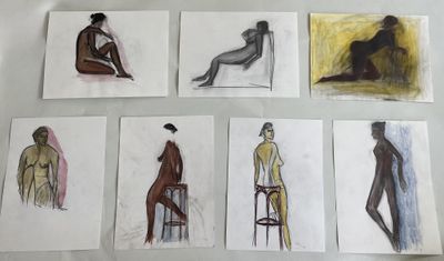 sketches of a woman sitting on a stool in different poses