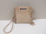 beige sued purse with fringes and a handle