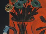 a painting of flowers in a vase on a table