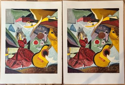 deux tableaux représentant une femme en robe rouge et un homme avec une guitare