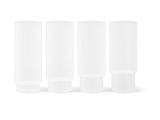 three tall glass vases sitting next to each other on a white surface