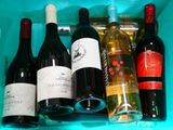 many bottles of wine sitting in a plastic container