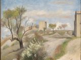 an oil painting of a castle on a hill with trees and bushes