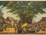 painting of a market scene with a large tree in the background