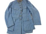 a close up of a blue jacket on a white background