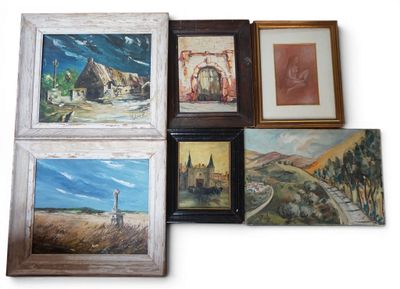 many paintings on the wall of this room