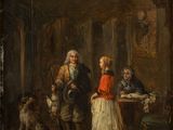 an old painting of a man and a woman standing in a room with a dog