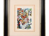 painting of a woman holding a bouquet of flowers in a black frame