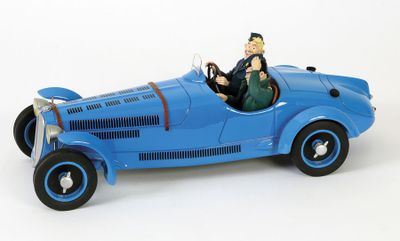 a blue toy car with a man and a woman in it