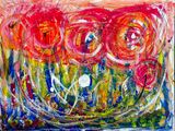 abstract painting of red and blue flowers on a white background
