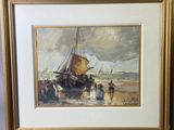 tableau représentant un bateau sur la plage avec des personnes à bord