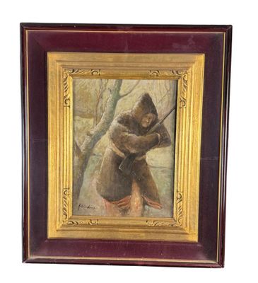 tableau représentant un singe agrippé à une branche d'arbre, dans un cadre en bois