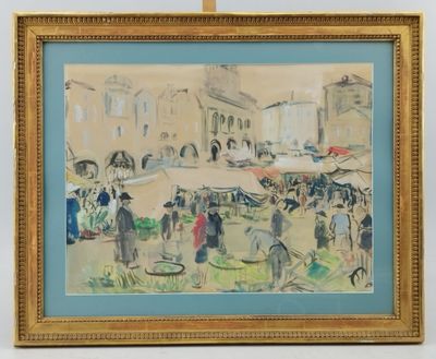 Vue de la place de Libourne. Aquarelle.