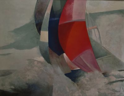 a painting of a sailboat sailing in the ocean