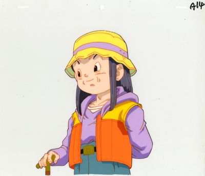 cellule d'animation représentant une jeune fille portant un chapeau et un gilet, tenant une bouteille de bière